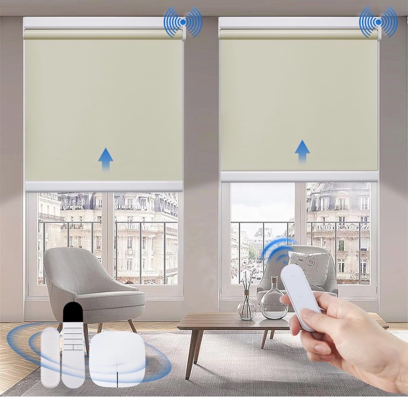 Grandekor Motorized Blinds with Remote Control, Blackout Roller Shade Electric Shades Cordless Smart Blinds for Bedroom Living Room Office,Cream,W35xH72