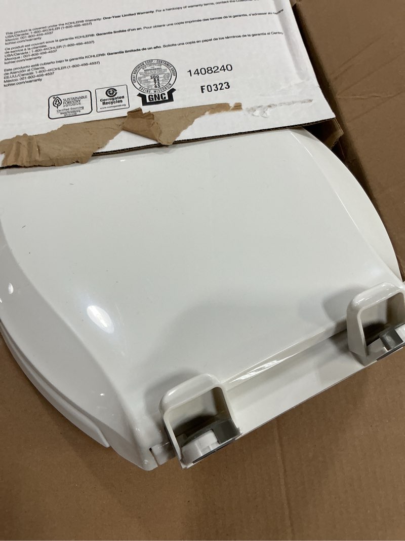 Condition photo showing Good Condition for kohler 4636-rl-0 cachet readylatch elongated slow close toilet seat, soft close toilet seat quiet lid, contoured grip-tight bumpers installation hardware, apartment essentials, white white elongated ready latch