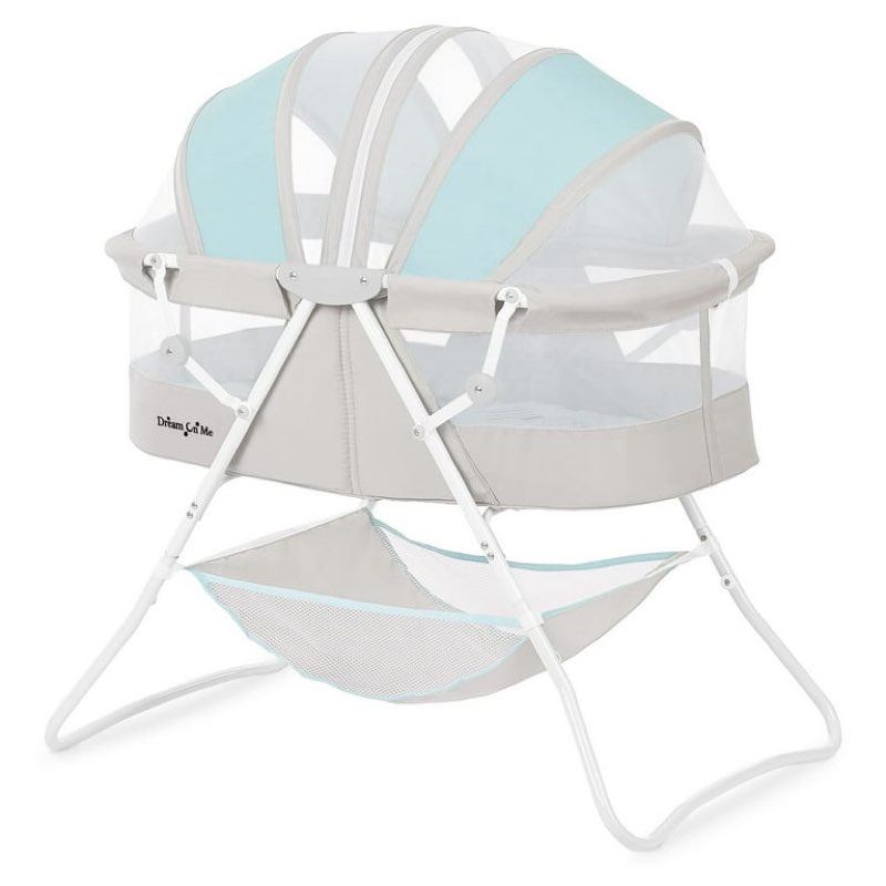 dream on me karley bassinet in blue and grey, quick fold and easy to carry, large storage basket