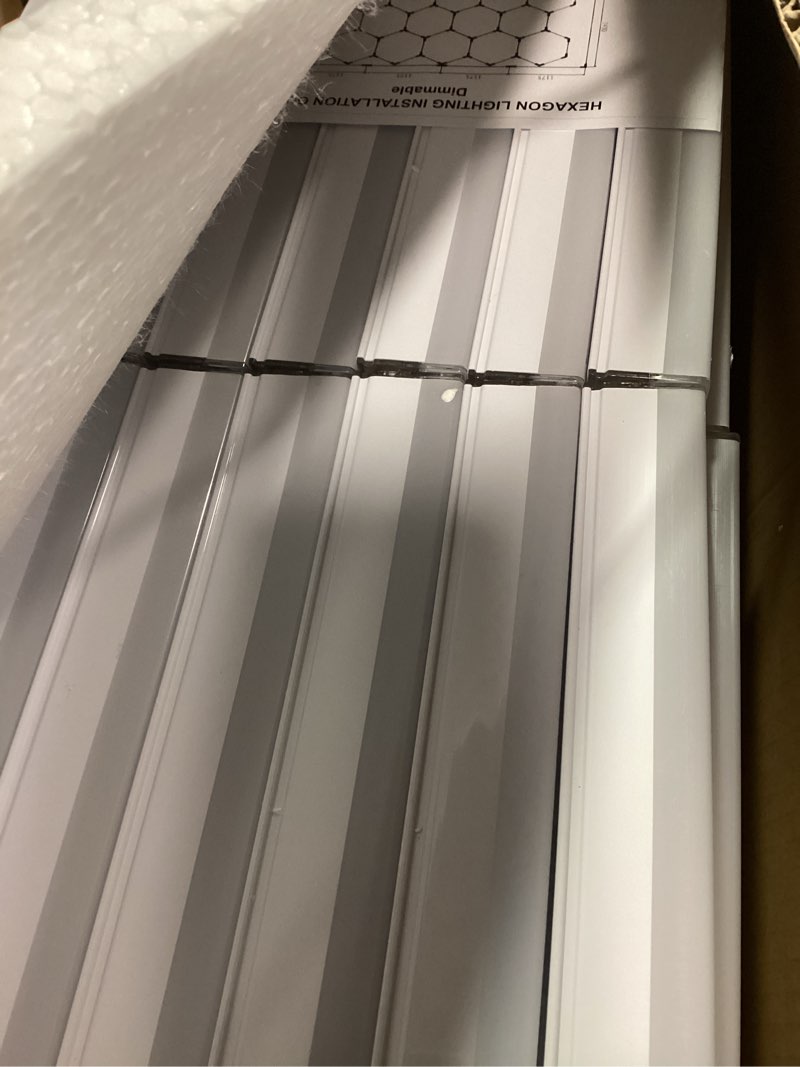 Condition photo showing New/Like New for Hexagon Garage Lights 3 Level Dimmable with Rectangle Frame, High Brightness 672W 26000 to 86400LM 6500K, 14 Hex Grid for Garage, Shop, Basement, Car Detailing Shop etc. with Mounting Clip 14-Grids Dimmable