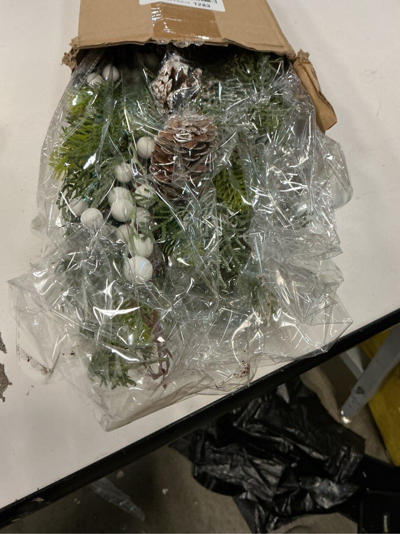 Condition photo showing New/Like New for 2 Pcs 30'' Christmas Teardrop Swag with Velvet Bow Knot Christmas Door Decoration Faux Cedar Pine Needle Xmas Norfolk Greenery Teardrop Wreath for Front Door Mantle Fireplace Staircase(Burgundy)