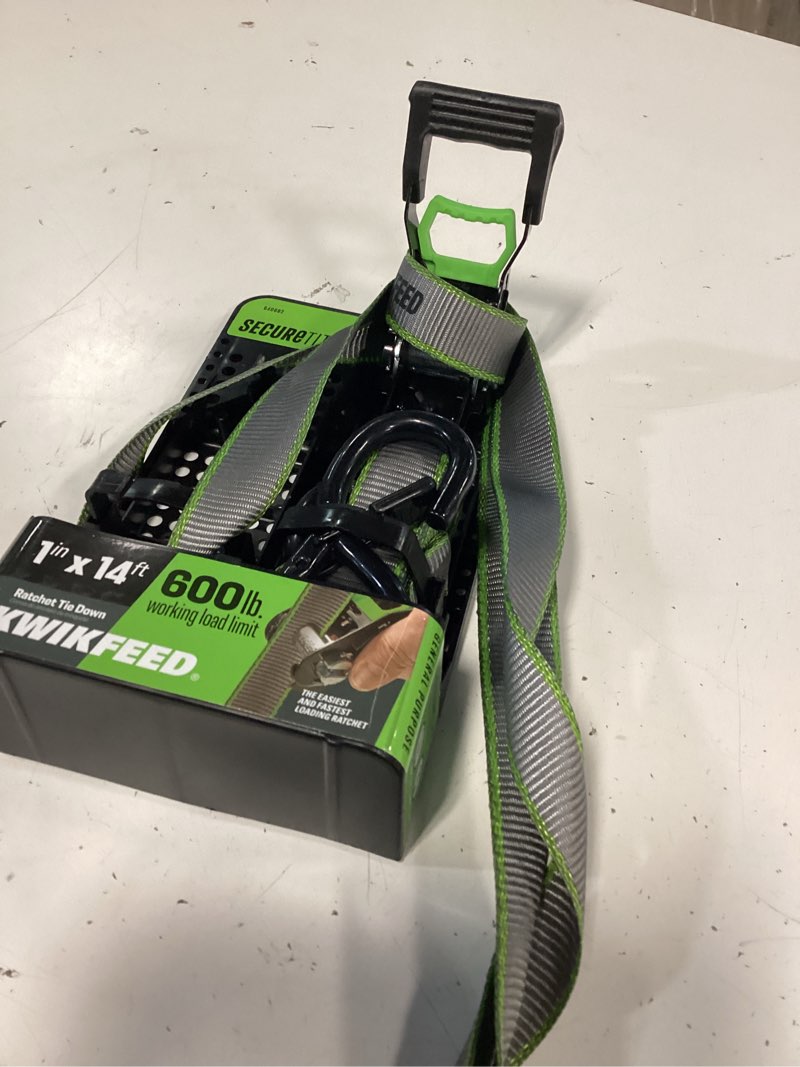 Condition photo showing As Is for keeper – 1” x 13’ endless loop ratchet tie-down - 400 lbs. working load limit and 1,200 lbs. break strength