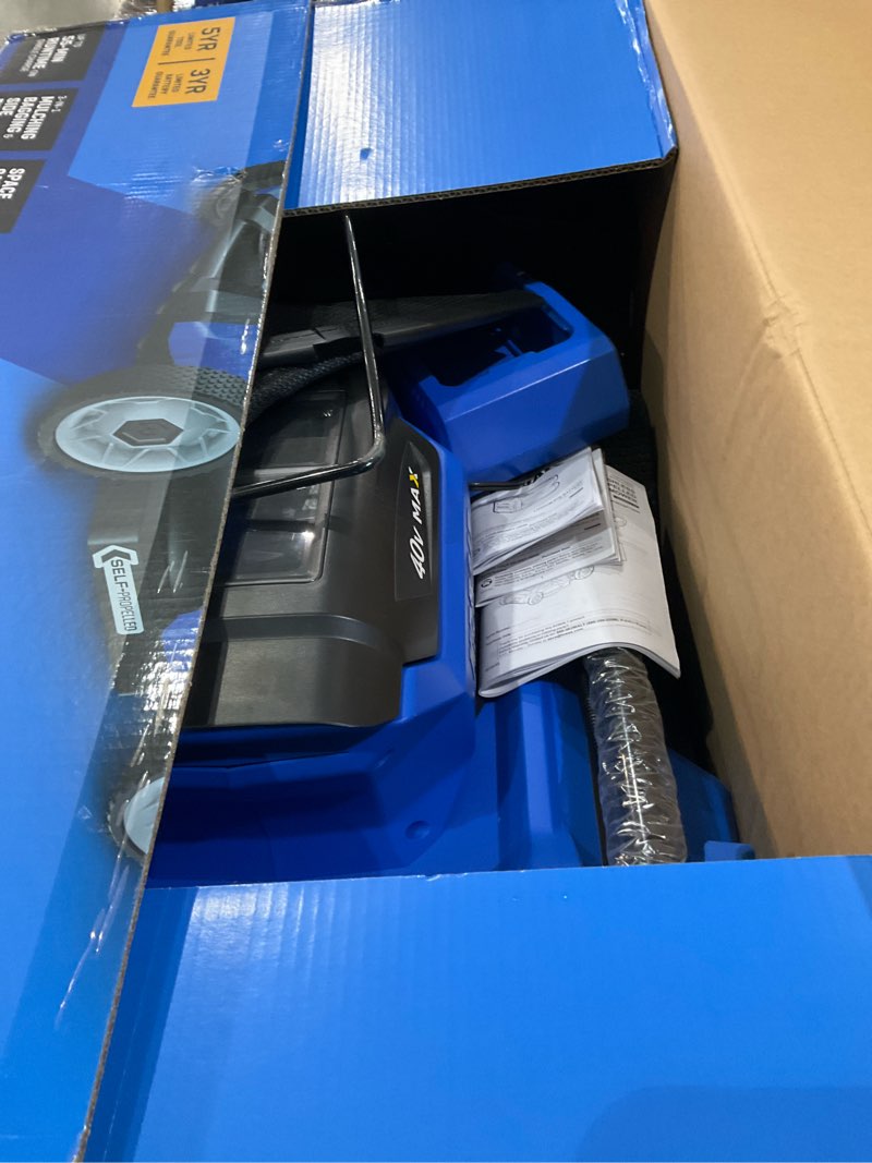 Condition photo showing As Is for kobalt 40-volt 21-in self-propelled battery mower (6 ah battery charger included)