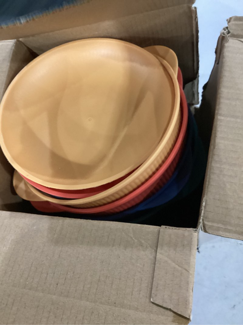 Condition photo showing Good Condition for 4pcs unbreakable cereal bowls- microwave & dishwasher safe bpa-free plastic striped pot bowls for family, kids, camping - non-slip, eco wheat straw soup bowls (40oz) striped pot bowl-4pcs