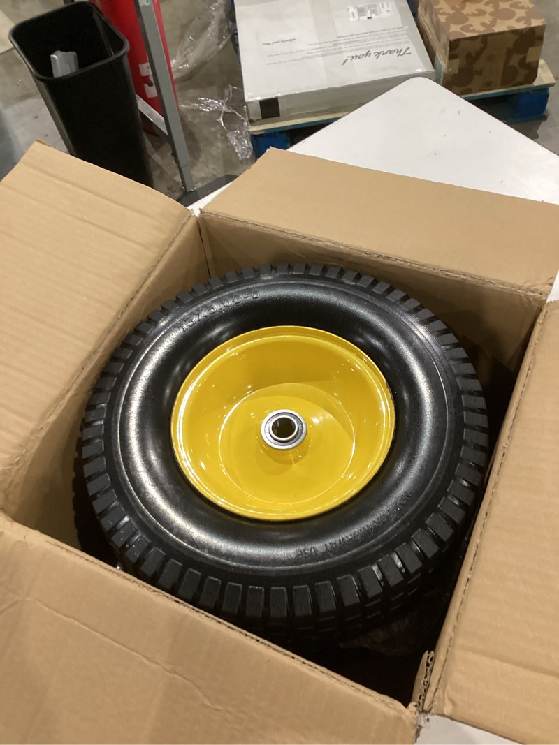 Condition photo showing Good Condition for ar-pro (2 pack) 13x5.00-6 flat free front tire and wheel assembly, solid riding lawn mower wheels, 3"-6" offset hub (adjustable), 3/4"&5/8"&1/2" bearing, 400 lb load 13 x 5.00-6" flat-free (offset hub) yellow