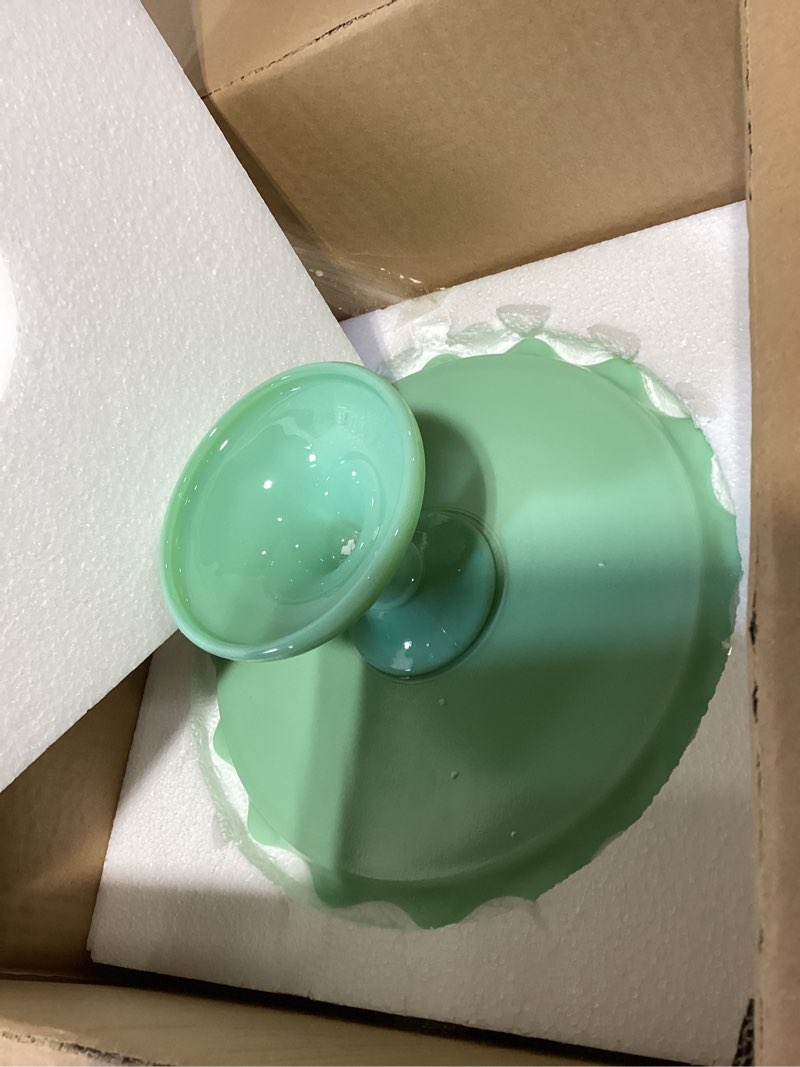 Condition photo showing New/Like New for martha stewart highbrook 11" jadeite glass cake stand – handmade vintage-style dessert stand with ruffle trim, decorative pedestal cake plate for display & serving 11" w/o glass dome green (11")