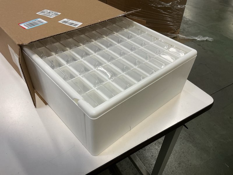 Condition photo showing As Is for Akro-Mils 64-Drawer Plastic Drawer Storage Cabinet for Garage Organization, Bead Organizer, Building Bricks Storage, Teacher Toolbox, Makeup Organizer, 20-Inch W x 6-Inch D x 16-Inch H, 10164 White White 64 Drawer 1 pack