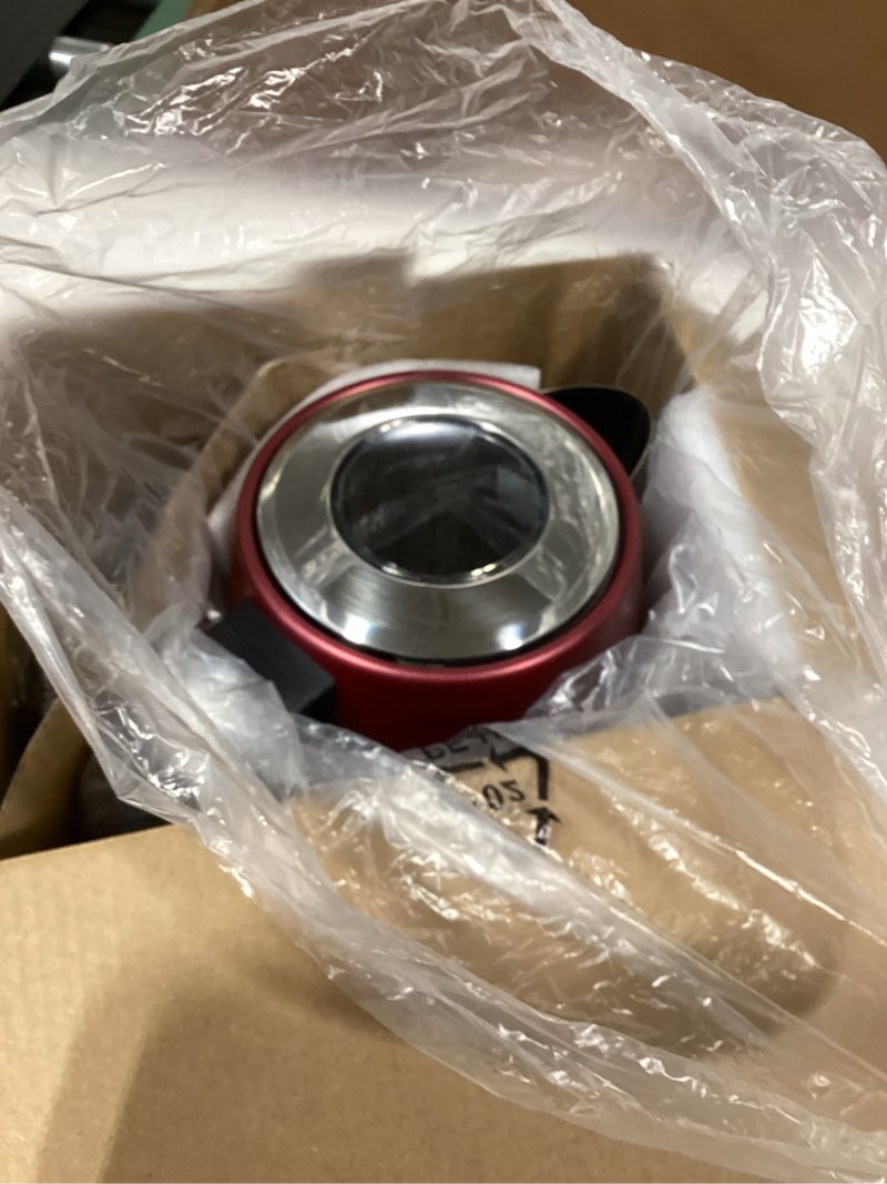 Condition photo showing As Is for ovente electric kettle, 1.7l stainless steel fast boiling water heater with 1750w power, bpa free & cordless body, auto shut-off, boil-dry protection, indicator light & removable filter, maroon ks711m