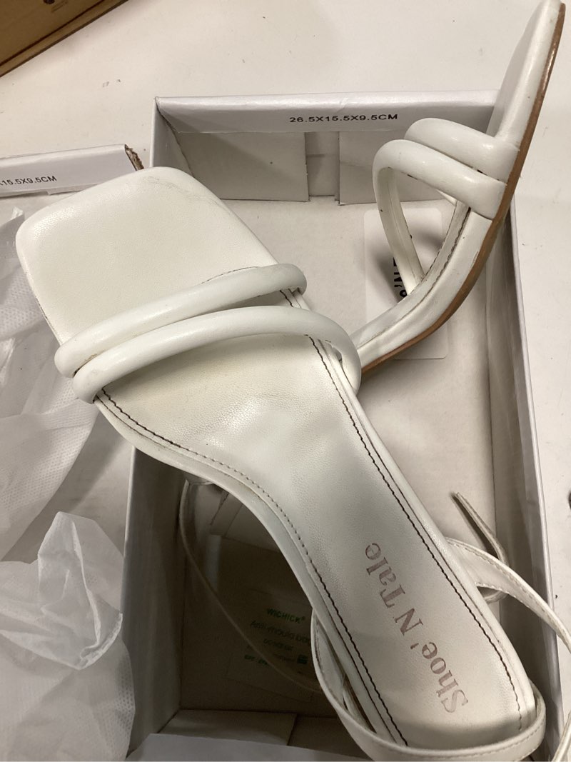 Condition photo showing As Is for shoe'n tale strappy heels for women square toe chunky block heels ankle buckle heeled sandals 7 white