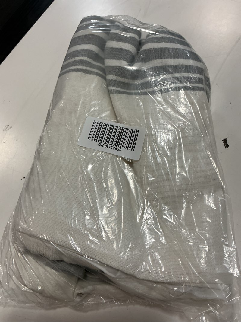 Condition photo showing Good Condition for coastal stripe linen cotton curtain - single panel, 48x96, ivory/light blue