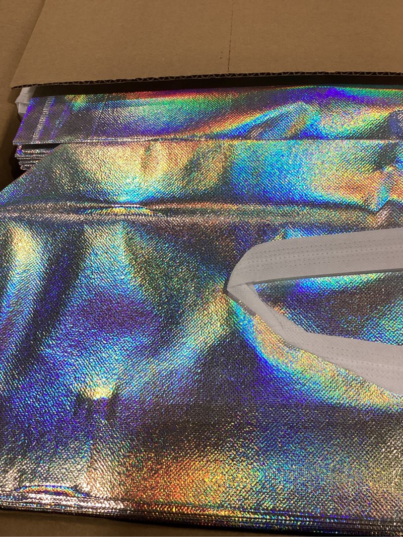 Condition photo showing New/Like New for 100 Pcs Iridescent Glossy Gift Bags Medium Size, 8x4x10 In Holographic Reusable Gift Bags with Handles & Sturdy Base, Ideal for Birthday, Wedding, Bachelorette, Party Favors, Holiday Goodie Bag Iridescent-100 pcs 1 Count (Pack of 100)