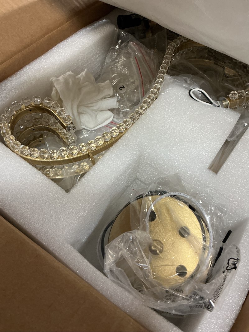 Condition photo showing New/Like New for wuzups 5-light crystal candle chandelier flushmount ceiling light modern lighting fixture for bedroom hallway bar kitchen bathroom, h 20.9" w 22", e12 base, gold gold ceiling light, 20.9" high 22" wide