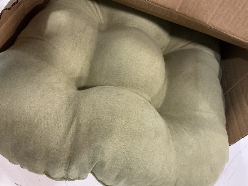 Condition photo showing As Is for blazing needles microsuede rounded back chair cushion,sage green, 19" x 19" 1 count