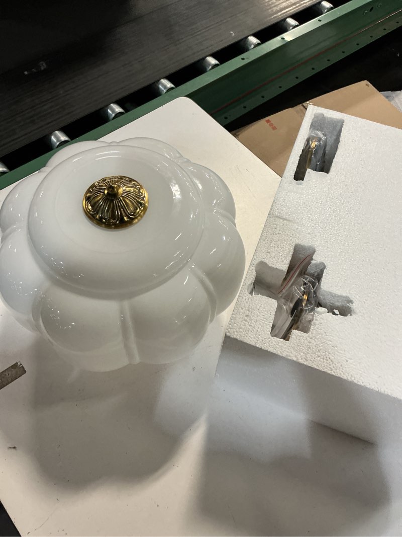 Milk Glass Ceiling Light Fixture - Farmhouse Antique Brass Semi Flush Mount Ceiling Light for Kitchen, Hallway, and Bedroom (White 15 inch