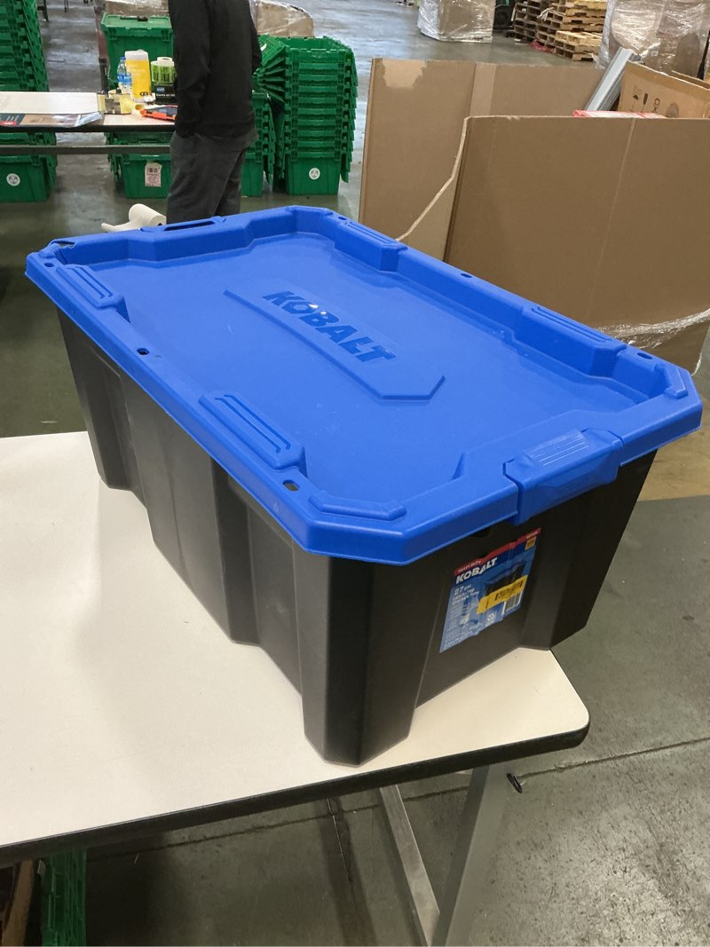 Condition photo showing As Is for Kobalt 27 Gal Latch Top Storage Tote