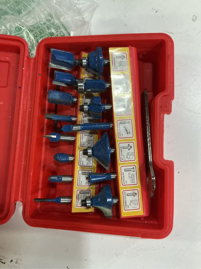 Condition photo showing Good Condition for hiltex 10100 tungsten carbide router bits, 15 piece router bit set, 1/4” router bit shank tungsten carbide router bits, chamfer for woodworking on wood, blue assorted router bits - 15 piece set