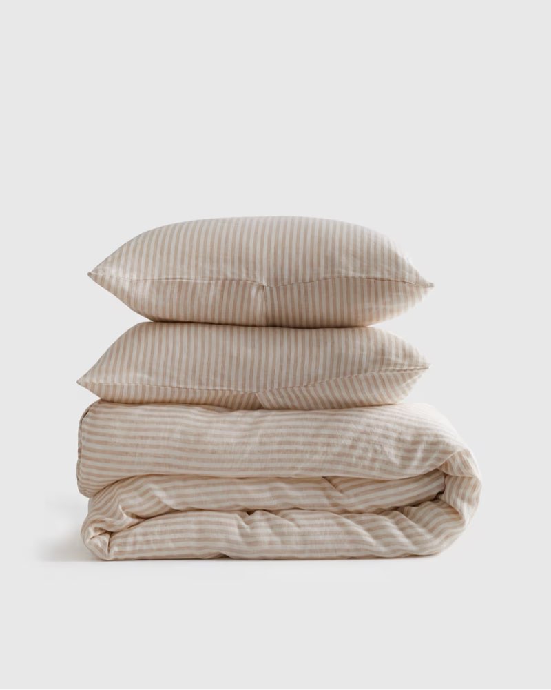 Quince European Linen Duvet Cover Set of 3 pieces Full/Queen Natural/White Stripe 