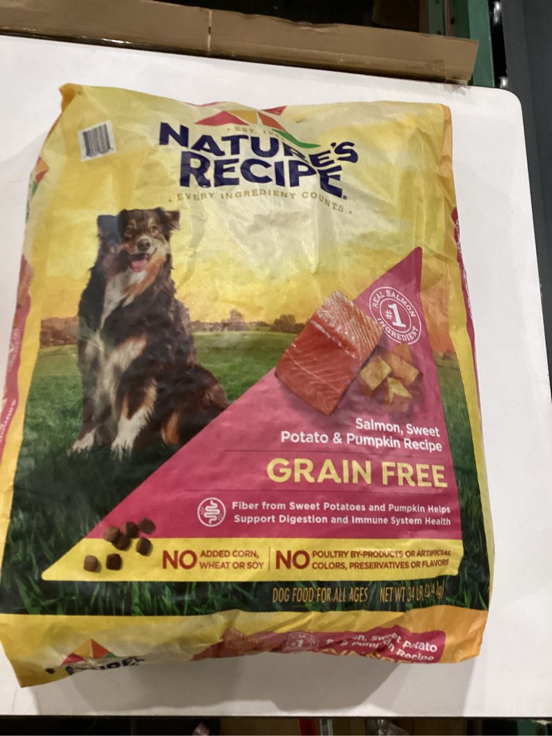 Condition photo showing New/Like New for Nature's Recipe Grain Free Dry Dog Food, Salmon, Sweet Potato & Pumpkin Recipe, 34 lb. Bag… Best By 9/24/2026