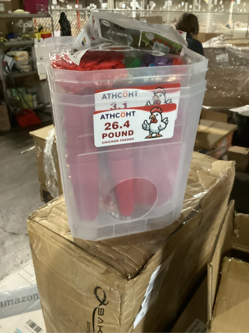 Condition photo showing New/Like New for chick feeder and waterer set, top fill 6.6 lbs feeder and 0.4 gal waterer with scoop and 3 adjustable heights legs