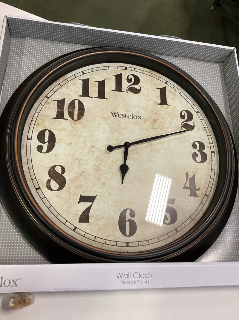 Condition photo showing Good Condition for Westclox Traditional Large Wall Clock – Battery-Operated 24-Inch Vintage Distressed Dial, Metal Hands, Glass Lens, Quartz Accuracy (Black-Brown, 24-Inch) Black-brown 24 Inch