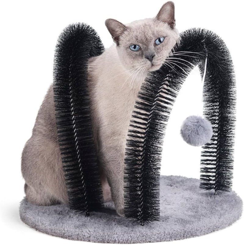 Cat Arch Self Groomer Massager, Kitty Grooming Brush with 2 Brushes and Heavy Plush Base, Cat Face a