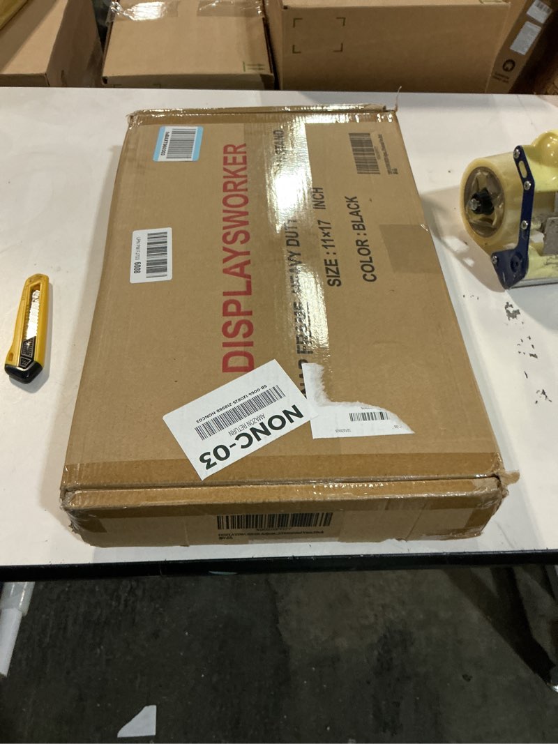 Condition photo showing As Is for DISPLAYSWORKER Adjustable Heavy Duty Pedestal Sign holder floor Stand,sign stand poster stand ,Standing Floor for 11 x 17 inch,Vertical/Horizontal View,Black black aluminum frame 11-x-17-inch