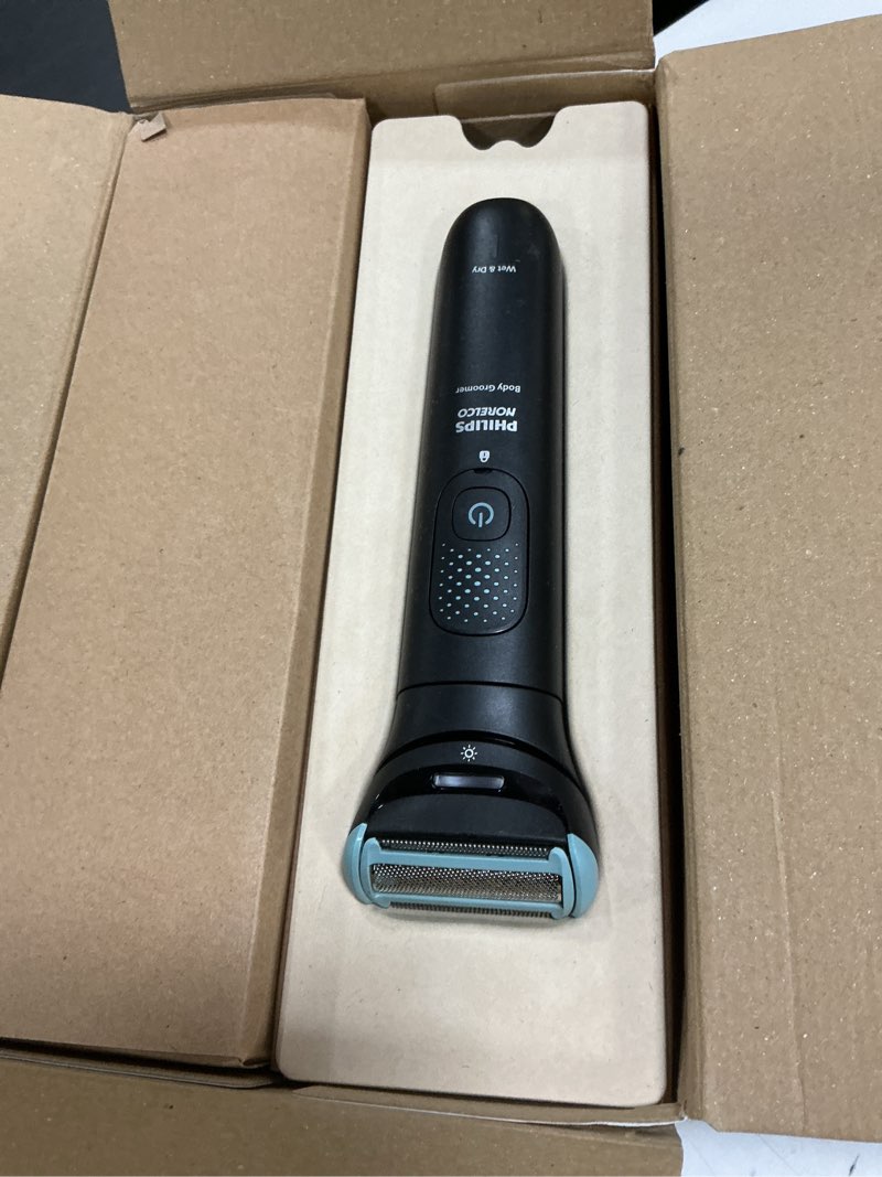 Condition photo showing As Is for philips norelco body groomer 7000 series, men's whole body groomer, contour-following 2d flexing head, triple protect shave system & intimate body hair trimmer, 100% showerproof, bg7480/50 bg7480/50 black