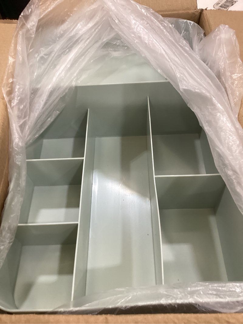 Condition photo showing Good Condition for makeup organizer with 3 drawers, large vanity storage for skincare, perfume, lipstick and brushes, countertop cosmetic holder for bathroom, dresser or bedroom, green turquoise green