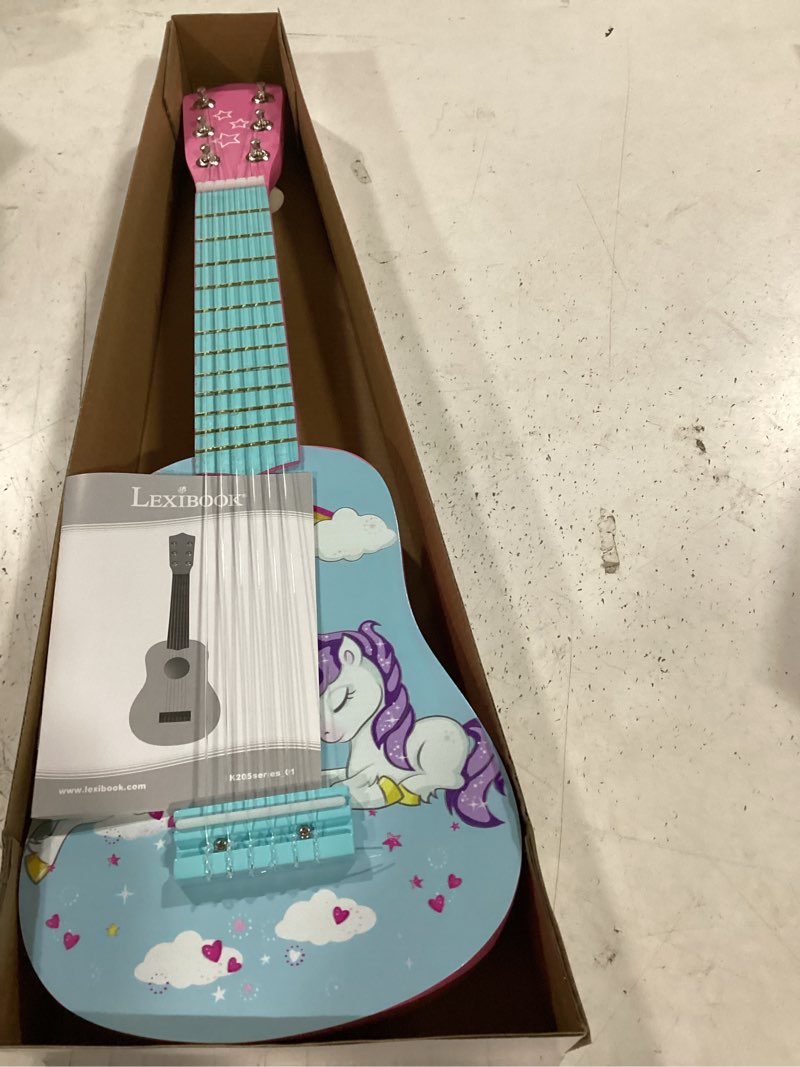 Condition photo showing New/Like New for lexibook unicorn wooden guitar 6 strings blue/pink