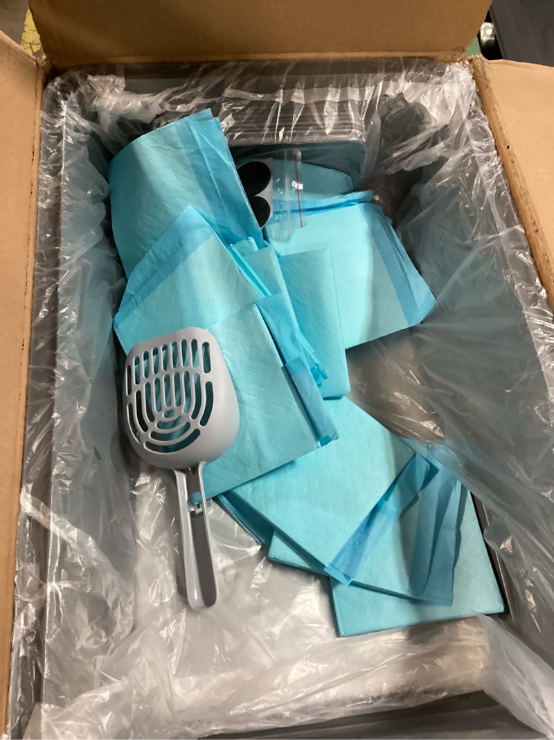 Condition photo showing Good Condition for 24" x 16" x 12" stainless steel sifting litter box for pine pellets and clay litter, extra large sifting cat litter box, high side metal litter box for big cats(2 storage pans&1 sift pan) grey 2 storage pan & 1 sifting pan
