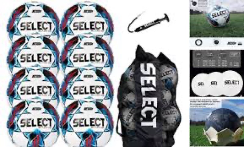 Select Blaze DB V22 Soccer Ball, 8-Ball Pack with Duffle Ball Bag and Hand Pump, White/Red/Blue, Siz