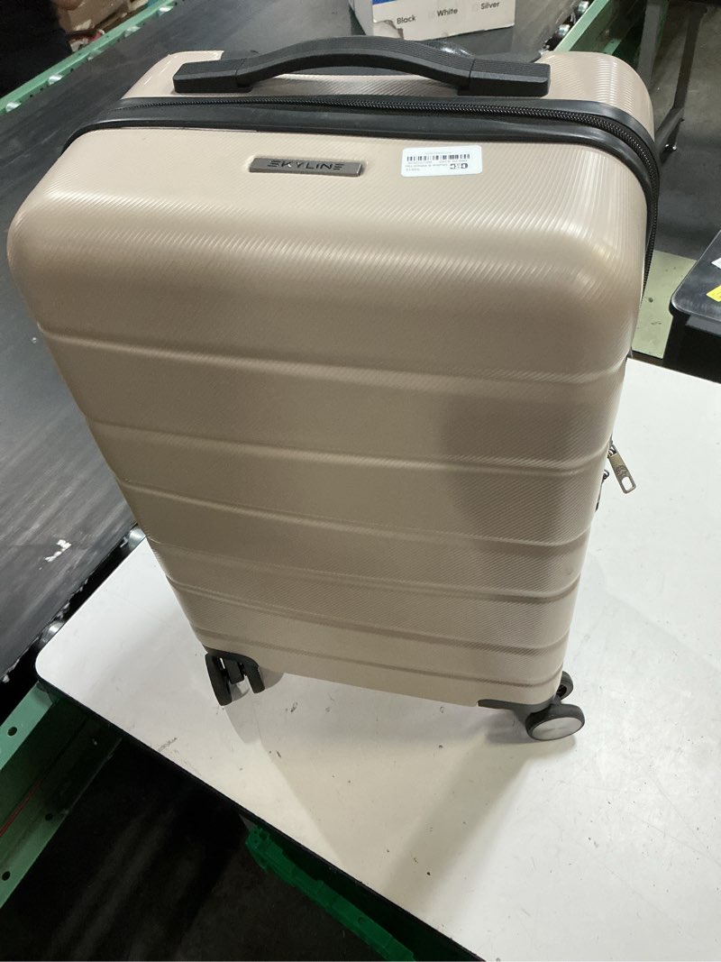 Condition photo showing As Is for skyline hardside carry-on spinner suitcase - oxford tan
