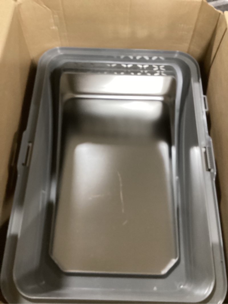 Condition photo showing As Is for Henkelion Stainless Steel Cat Litter Box with Lid, 20" L x 14.2" W x 11.8" H, Extra Large Litter Box for Big Cats with High Sided, Anti-Urine Leakage, Easy Cleaning, Include Cat Mat and Scoop