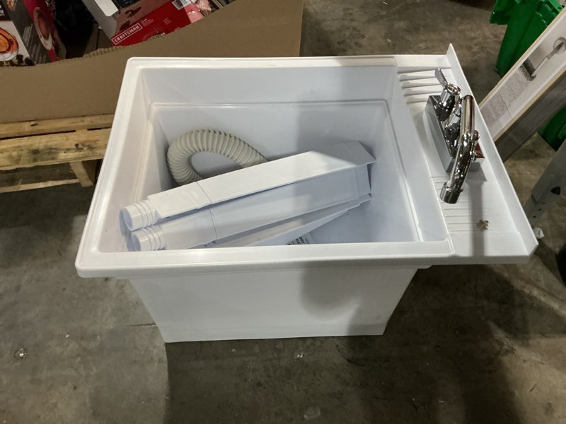 Condition photo showing Good Condition for (similar)white utility sink laundry tub with pull out chrome faucet, sprayer spout, heavy duty slop sinks for washing room, basement, garage or shop, large free standing wash station tubs and drainage