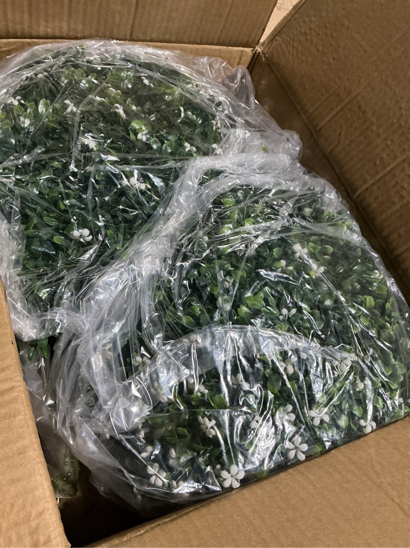Condition photo showing Good Condition for Artificial Boxwood Topiary Shrub with White Flowers,Set of 2 Artificial Boxwood Ball Bush with Metal Spike, UV Resistant Realistic Faux Shrubs for Garden, Yard, Patio, Porch Outdoor Decor Green?white