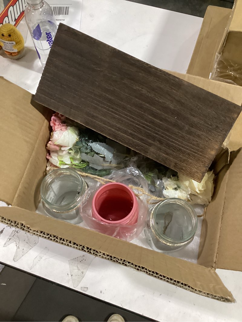 Condition photo showing Good Condition for BLEUM CADE Centerpiece Table Decorations - Mason Jar Lights Centerpiece for Kitchen Dining Table Farmhouse Coffee Table Wedding Home Decor with 3 Jars Roses Artificial Flowers & Wood Tray Pink-rose