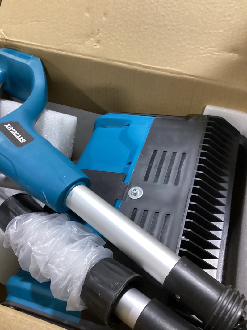 Condition photo showing As Is for cordless snow shovel, 12-inch 4.0ah battery powered snow thrower, 2 battery snow blower with directional plate & quick charger for deck, patio, pathway, driveway