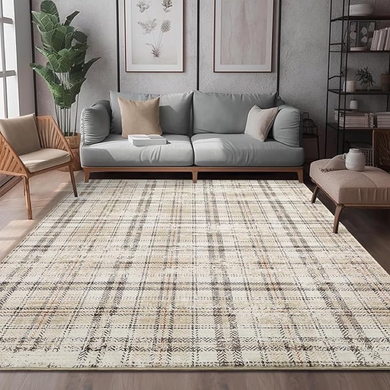 WESTLOOM Washable Area Rugs 9x12 Living Room Plaid Rug Modern Bedroom Decor Soft Rug Large Area Rug Non Slip Throw Rugs with Rubber Backing Tartan Carpet for Office Nursery Dining Room 9'x12' Beige