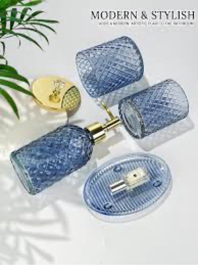 Blue Bathroom Accessories Set, 4Pcs Glass Bathroom Accessory Set Complete w/Lotion Soap Dispenser, T