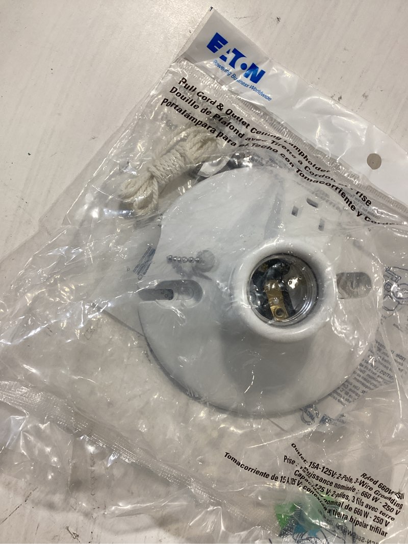 Condition photo showing As Is for eaton 3-way 660-watt plastic pull chain ceiling socket, white
