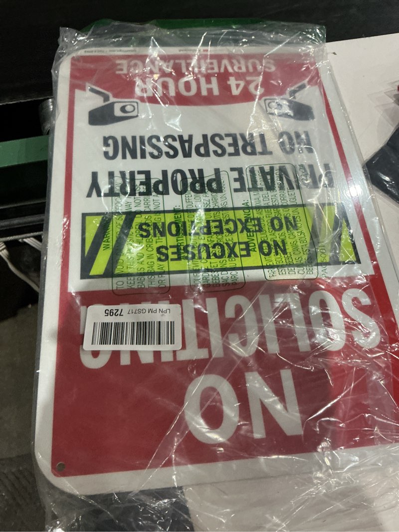 Condition photo showing Good Condition for smartsign 18" x 12" 'no soliciting no excuses/exceptions, private property no trespassing, 24 hour surveillance' metal sign, 63 mil aluminum, 3m laminated engineer grade reflective, usa-made 12" x 18" - reflective aluminum