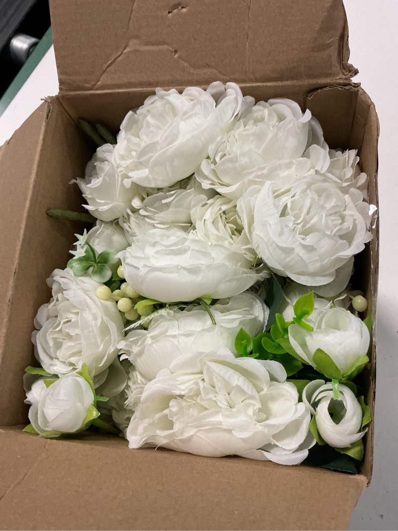 Condition photo showing Good Condition for geosar 8 bundles artificial peonies flowers fake silk peony bouquet faux peonies flowers bulk for decoration vase floral arrangements wedding party table (white) green, white 8