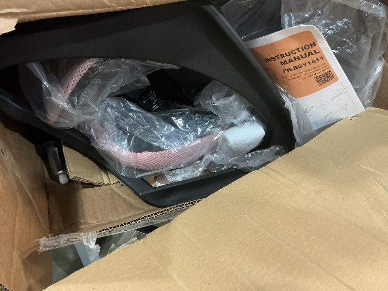 Condition photo showing As Is for dumos office desk chair - ergonomic mid back with lumbar support & rocking mode, height adjustable with fixed armrest, storage back for computer, gaming, conference, meeting room, 360° swivel, pink pink fixed arm 1