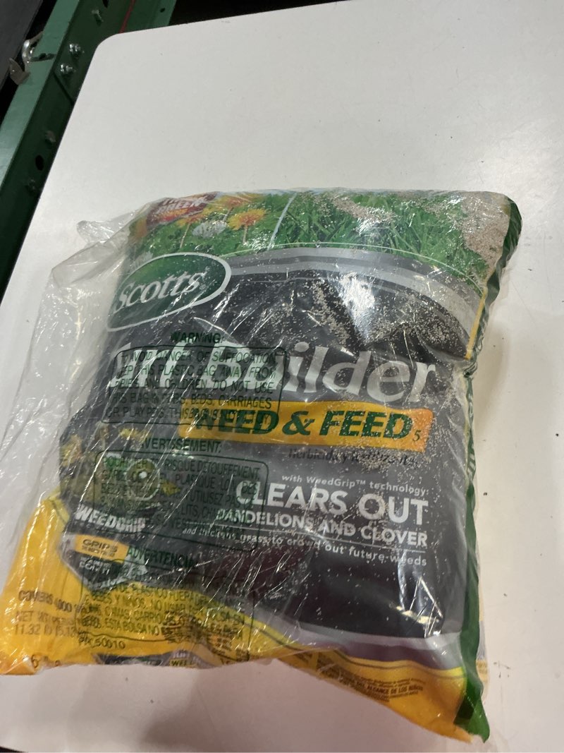 Condition photo showing As Is for scotts turf builder weed & feed5, weed killer and lawn fertilizer, controls dandelion, clover and more, 4,000 sq. ft, 11.32 lbs.