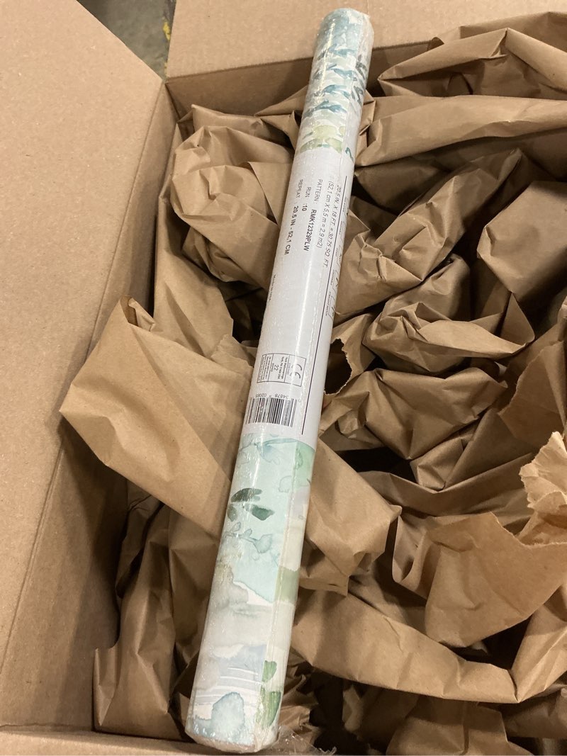 Condition photo showing New/Like New for roommates green watercolor tree mosaic peel and stick wallpaper, 20.5 in x 18 ft, vinyl, removable, no sticky residue, for smooth surfaces