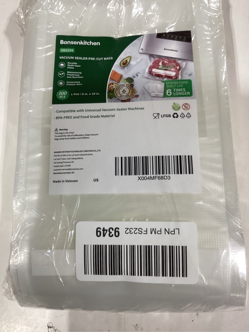 Condition photo showing New/Like New for bonsenkitchen precut vacuum food sealer bags 100 pint 6" x 10", bpa free, commercial grade textured food vacuum sealer bag, thick embossed bags for food storage and sous vide cooking vb3204 pint (6" x 10") 100