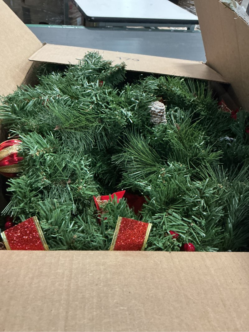 Condition photo showing Good Condition for Total 18 Ft Long Prelit Christmas Garland 100 Warm White LED Lights 8 Modes Timer 270 Thick Branch Tips Pinecones Red Berries,Poinsettia,Balls,Bow,for Stairs Mantel Doorway Decor,2 Pack 9 Ft Each