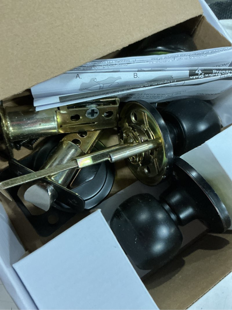 Condition photo showing As Is for hyper tough keyed entry ball doorknob lock and single cylinder deadbolt oil rubbed bronze finish combo pack