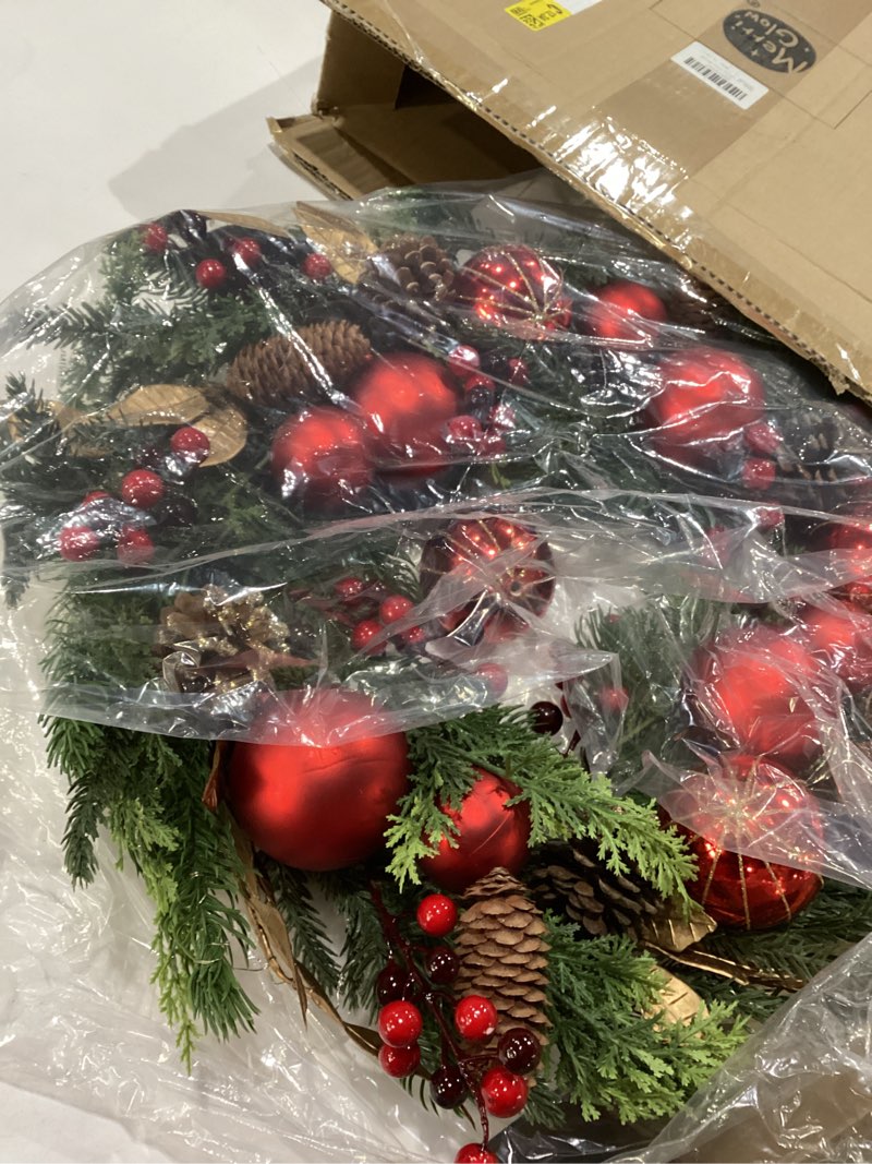 24 inch Christmas Wreath for Front Door with Lights, Lighted red Christmas Wreaths with 50 Lights red Ball and Leaves for Home Window Holiday Xmas Decor (red Ball)