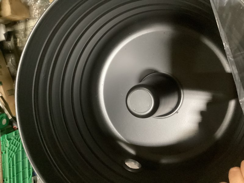 Condition photo showing Good Condition for filltouch garden hose pot with lid and handle, matte black ribbed steel garden hose holder water hos